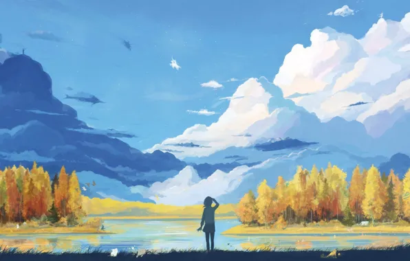 Картинка girl, grass, forest, Landscape, sky, trees, field, nature, sunset, art, clouds, mountain, lake, animal, artwork