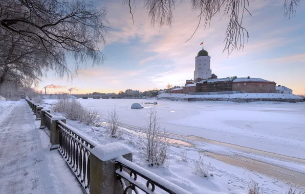 Картинка зима, снег, мост, река, башня, Россия, Эдуард Гордеев