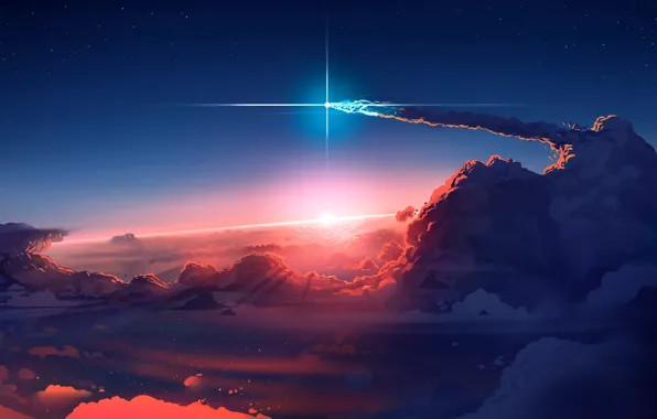 Картинка Sky, sunset, art, clouds, stars, sun, digital art, artwork, comet