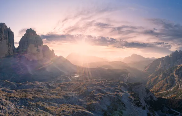 Картинка солнце, горы, рассвет, утро, панорама, Доломиты