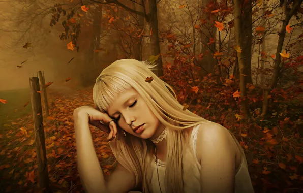 Картинка осень, лес, листья, девушка, настроение, портрет, обработка, арт