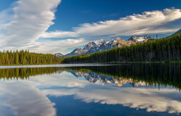Картинка лес, облака, горы, озеро, отражение, Канада, Альберта, Banff National Park, Alberta, Canada, Национальный парк Банф, …
