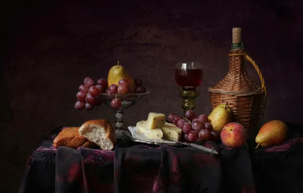 Картинка стиль, фон, вино, бокал, сыр, хлеб, виноград, фрукты, натюрморт, груши, персик, бокал вина, бутыль