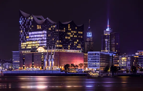 Картинка ночь, Hamburg, Elbphilharmonie