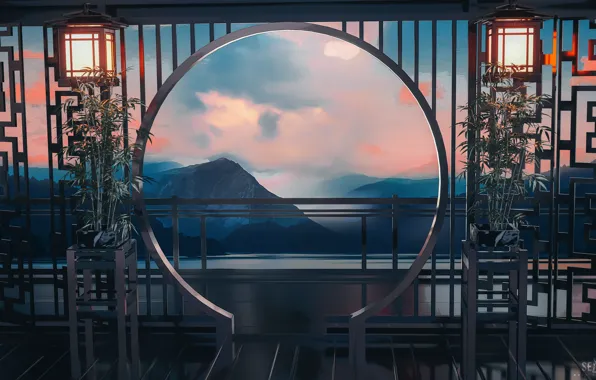 Картинка небо, вода, горы, бамбук, вид из окна, SEYMOUR