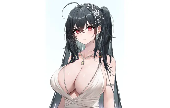 Картинка white, hot, sexy, boobs, anime, red eyes, pretty, babe, black hair, white dress, oppai, taihou, …