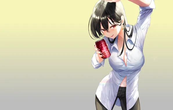 Картинка red, girl, sexy, Anime, pretty, lady, beer, cute, Cleavage, shy, high, drunk, tight shirt, button …