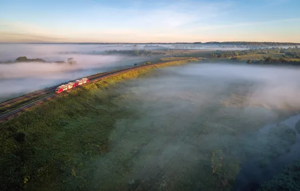 Картинка лето, туман, река, поезд, железная дорога, summer, Россия, river, вид сверху, просторы, fog, railway, aerial …