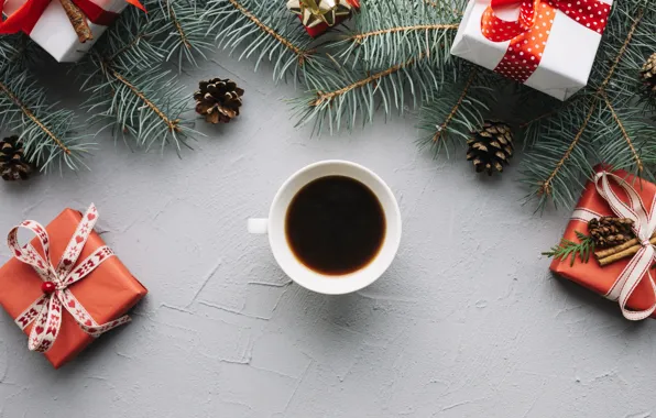Картинка елка, Новый Год, Рождество, подарки, Christmas, cup, New Year, gift, coffee, decoration, Happy, чашка кофе, …