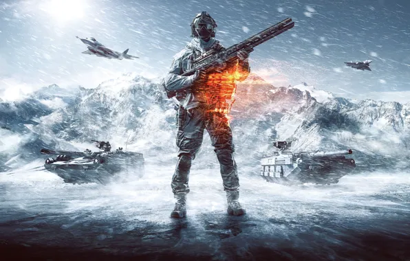 Картинка снег, оружие, солдат, метель, экипировка, танки, самолёты, Battlefield 4