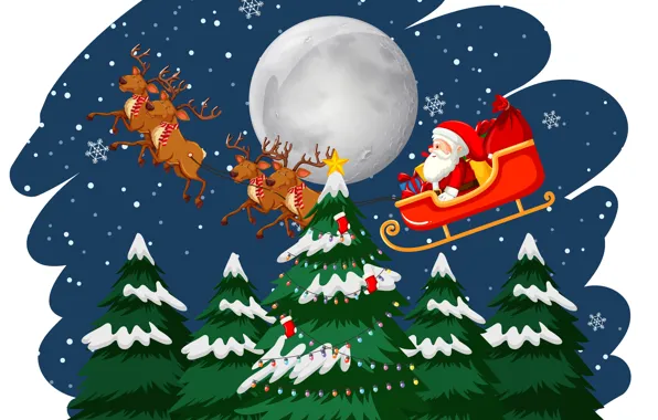 Картинка Зима, Ночь, Снег, Луна, Рождество, Новый год, Санта Клаус, Олени, Ёлки, Сани, Развозит подарки