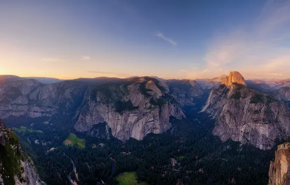 Картинка небо, горы, вершины, высота, панорама, США, Йосемити, леса, горный хребет, Йосемитский национальный парк