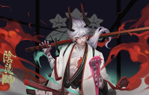 Картинка демон, рога, мечь, парень, Onmyouji, Onmyouji (NetEase), Onikiri