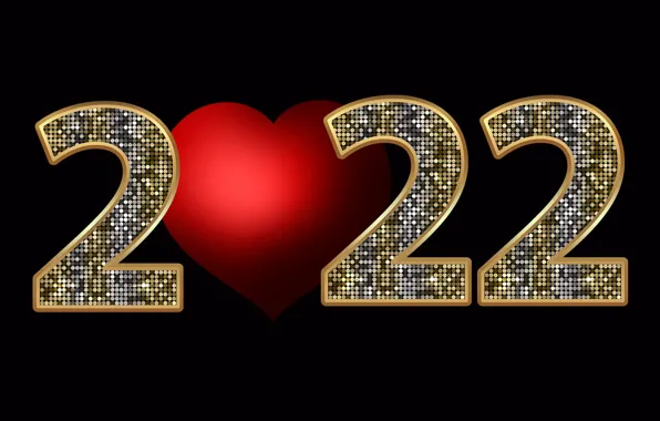 Картинка праздник, новый год, черный фон, Happy New Year, с новым годом, красное сердце, 2022, Feliz …