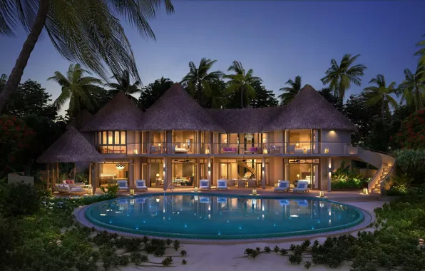 Картинка пальмы, вилла, вечер, бассейн, Мальдивы, курорт, Maldives, Resort Nautilus