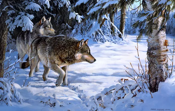 Картинка зима, лес, взгляд, снег, ветки, природа, поза, стволы, рисунок, волк, картина, арт, пара, сугробы, волки, …