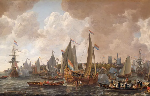 Картинка масло, картина, холст, Ливе Питерсзон Версхюр, 1665, Прибытие Короля Карла II из Англии в Роттердам, …