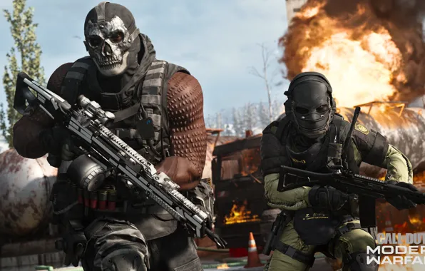 Картинка оружие, огонь, череп, взрывы, маска, солдаты, Call of Duty, бегут, Call of Duty: Modern Warfare