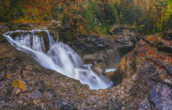 Картинка осень, лес, деревья, камни, обрыв, скалы, водопад, поток, осенние листья