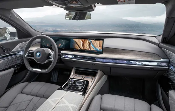 Картинка руль, дисплей, салон автомобиля, BMW 7 Series, G70, G71, i70