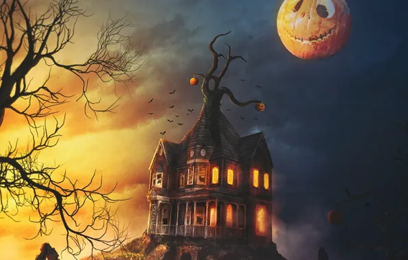 Картинка Halloween, заброшенный дом, светильник Джека, тыквы зла, адская ухмылка, мрачное место, черные вороны, корявое дерево