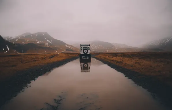 Картинка Land Rover, Car, Water, Defender, River, Rocks, Fog, Offroad, Mud, Wildnis, Tim Trad