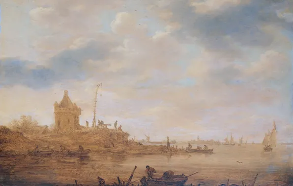 Картинка пейзаж, масло, картина, Jan van Goyen, Ян ван Гойен, Вид на Реку с Караульной Башней, …
