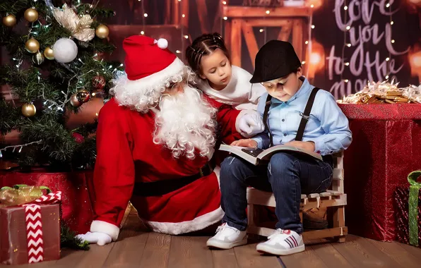 Картинка дети, праздник, мальчик, Рождество, девочка, Новый год, ёлка, Санта Клаус, Дед Мороз, новогодние украшения, новогодние …