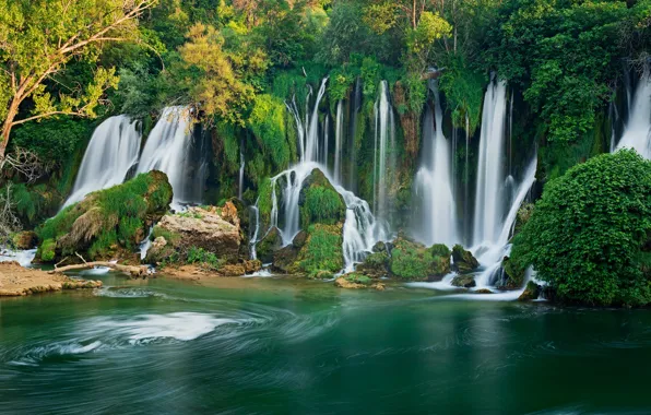 Картинка деревья, река, водопады, Босния и Герцеговина, Bosnia and Herzegovina, Водопад Кравица, Kravica Waterfalls, Trebižat River, …