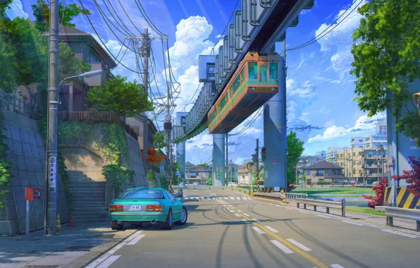 Картинка авто, разметка, столбы, провода, Япония, вагон, голубое небо, ArsenXC, летний день, эстакада мост, дорога в …