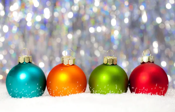 Картинка шарики, снег, блики, шары, Рождество, Новый год, разноцветные