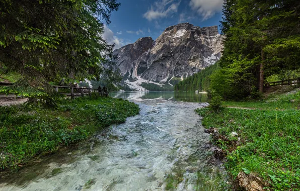Картинка деревья, горы, озеро, река, Альпы, Италия, Italy, Южный Тироль, South Tyrol, Dolomites, Lake Braies, Lago …