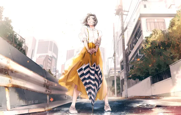 Картинка улыбка, столбы, дома, зонт, Япония, ограждение, девочка, полосатый, белая блузка, асфальтовая дорога, городская улица