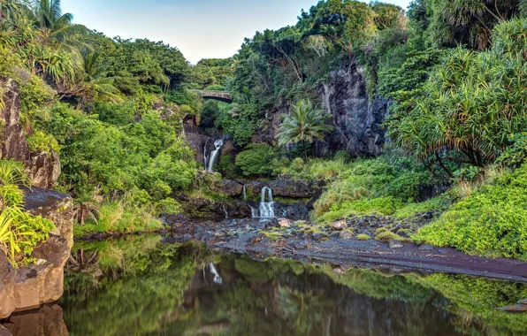 Картинка камни, фото, скалы, водопад, Гаваи