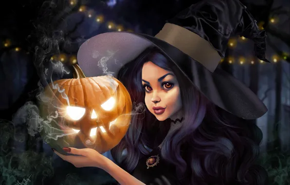 Картинка осень, взгляд, девушка, свет, фонарь, Halloween, тыква, ведьма