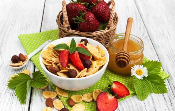 Картинка ягоды, завтрак, клубника, мед, хлопья, кукурузные, Olena Rudo