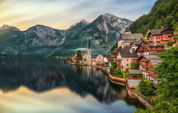 Картинка горы, озеро, дома, Австрия, Хальштатт