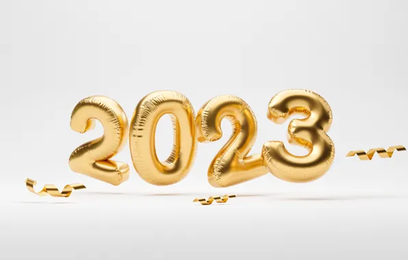 Картинка цифры, Новый год, светлый фон, золотые, дата, летят, надувные, 2023