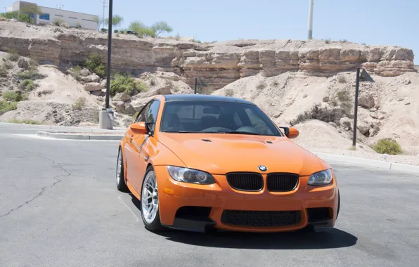 Картинка BMW, Orange, E92, Shadow, Parking, M3, Border, Front view