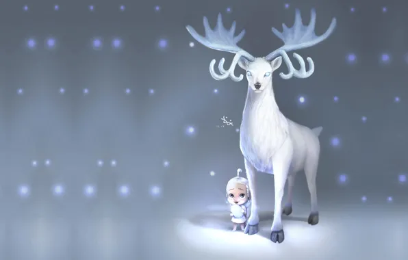 Картинка зима, снег, олень, фэнтези, арт, детская, ji chang chol, Deer with baby
