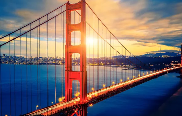 Картинка city, lights, USA, Golden Gate Bridge, sky, sea, landscape, bridge, sunset, California, clouds, San Francisco, …