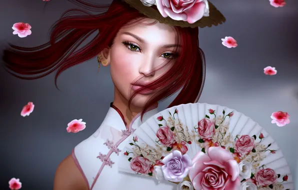 Картинка девушка, цветы, веер, азиатка