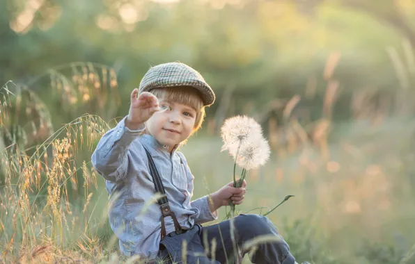 Картинка природа, мальчик, травы, одуванчики, ребёнок, Ольга Селезнёва