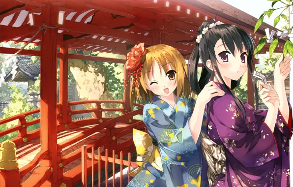 Картинка япония, храм, кимоно, подмигивание, цветок в волосах, деревянный мост, две девочки, солнечный денек, by kantoku, …