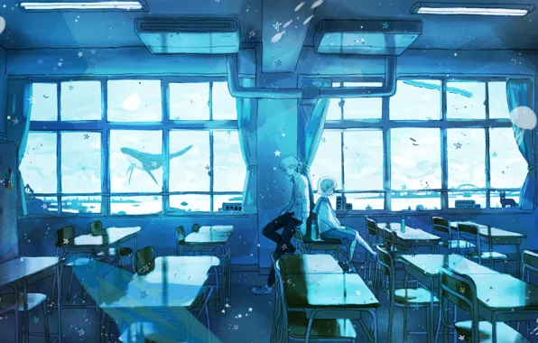 Картинка фэнтези, кит, класс, школьники