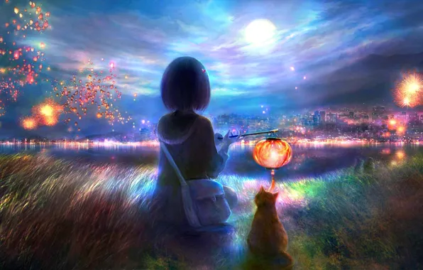 Картинка кошка, вода, ночь, город, фонарик, девочка, фейерверки