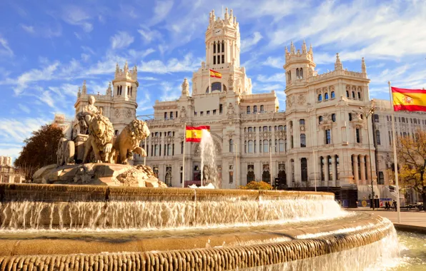 Картинка дома, флаг, фонтан, Испания, Мадрид