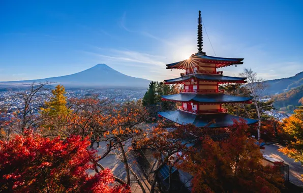 Картинка осень, солнце, лучи, свет, деревья, ветки, город, синева, вид, высота, гора, Япония, пагода, краски осени, …