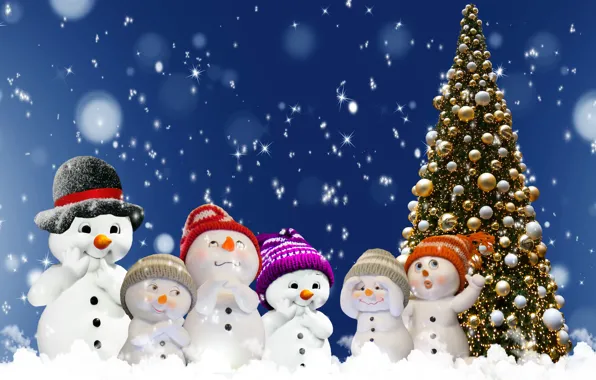 Картинка Улыбка, Рождество, Новый год, Ёлка, Снеговики