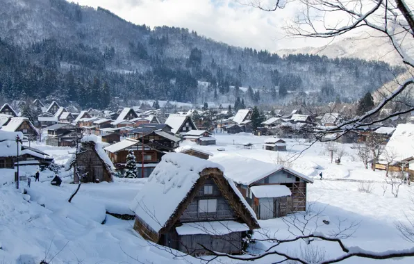 Картинка зима, снег, горы, ветки, холмы, село, дома, Япония, леса, Сиракава-го